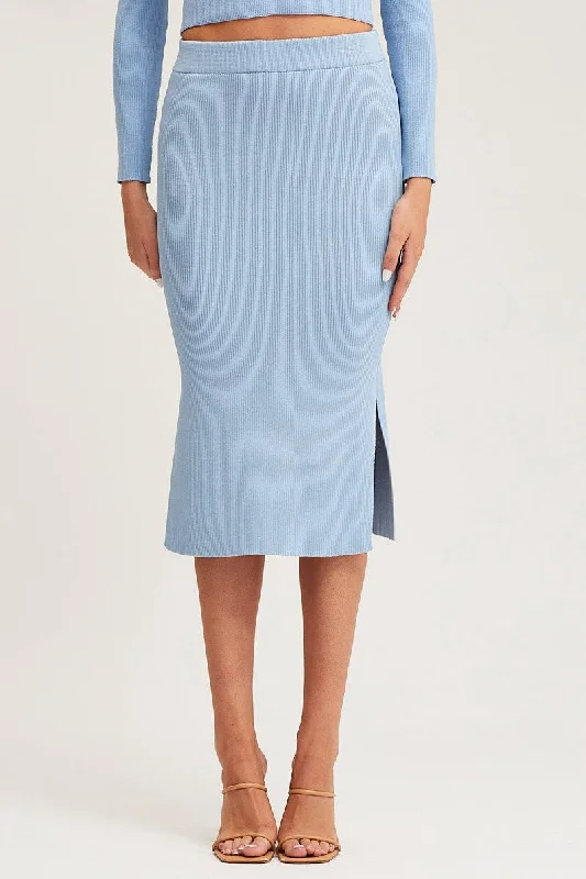 Blue Knit Skirt Midi Side Split