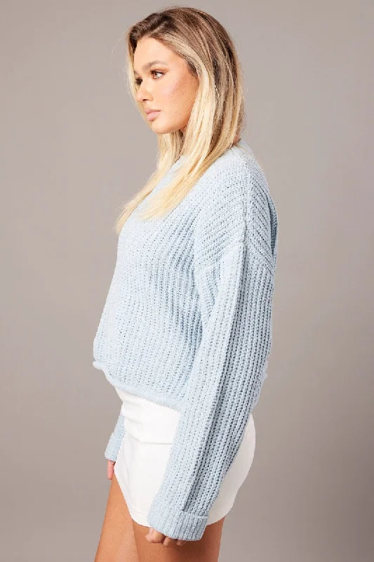 Blue Knit Top Long Sleeve Chenille