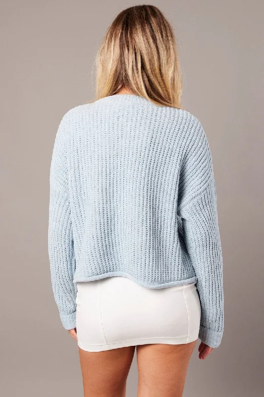 Blue Knit Top Long Sleeve Chenille