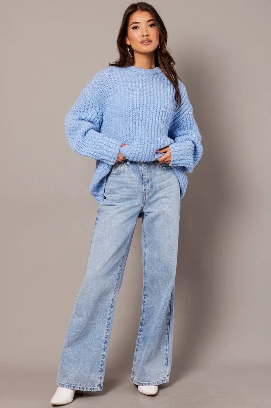 Blue Knit Top Long Sleeve Chunky