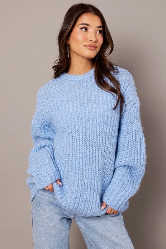 Blue Knit Top Long Sleeve Chunky