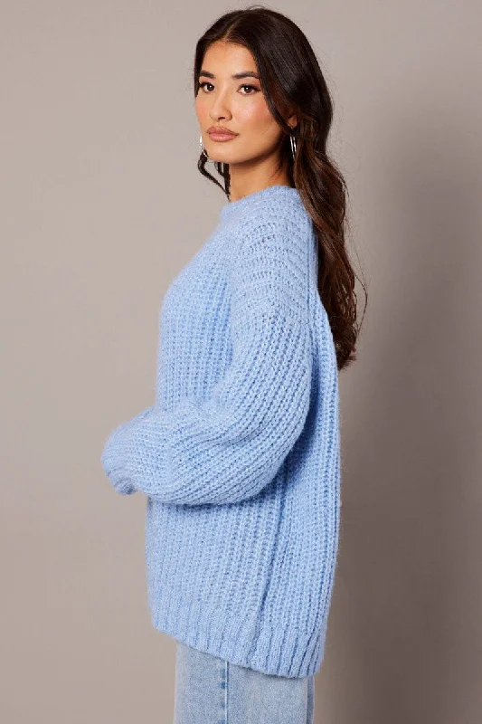 Blue Knit Top Long Sleeve Chunky