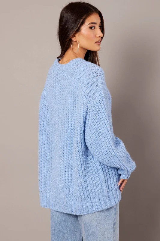 Blue Knit Top Long Sleeve Chunky