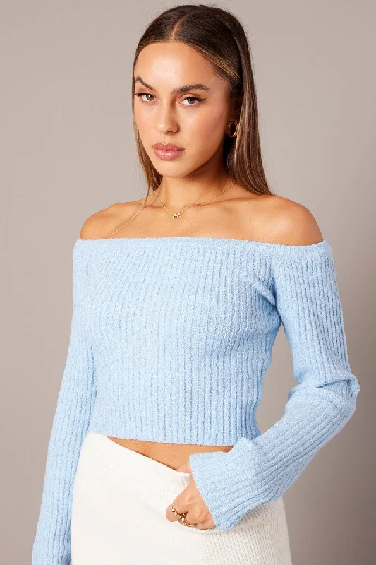 Blue Knit Top Long Sleeve Off Shoulder