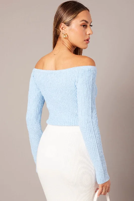 Blue Knit Top Long Sleeve Off Shoulder