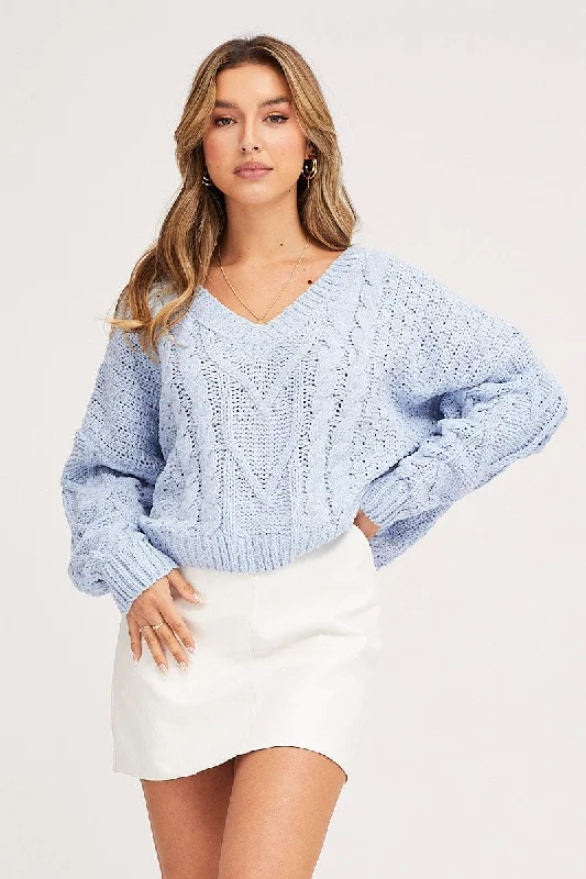 Blue Knit Top Long Sleeve V-Neck Cable