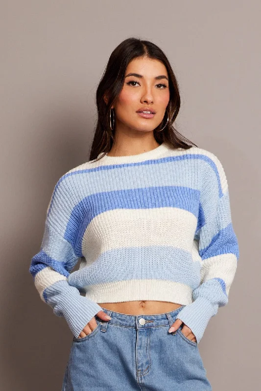 Blue Stripe Knit Jumper Long Sleeve Color Block