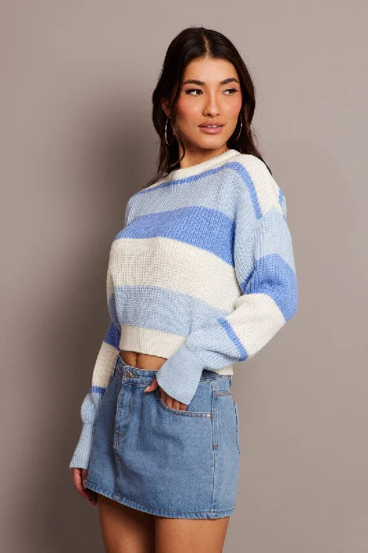 Blue Stripe Knit Jumper Long Sleeve Color Block