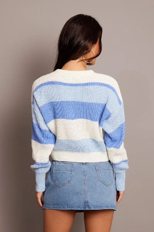 Blue Stripe Knit Jumper Long Sleeve Color Block