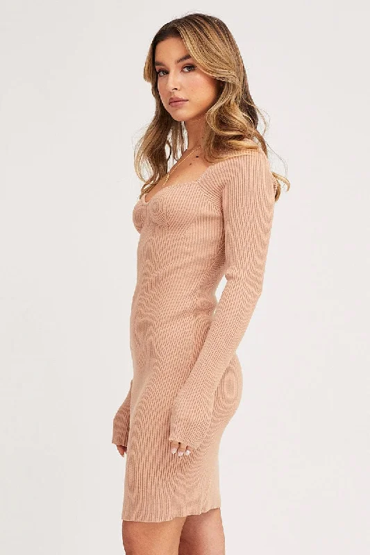 Brown Dress Long Sleeve Mini Sweetheart Knit