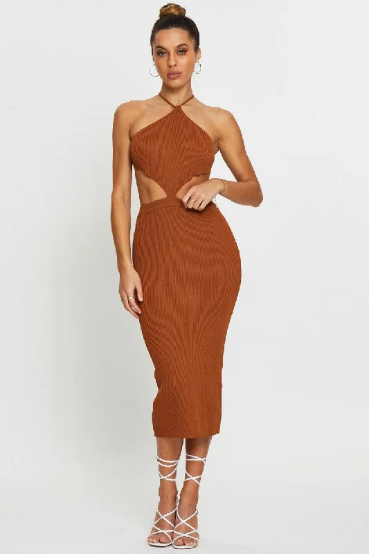 Brown Knit Dress Halter Neck