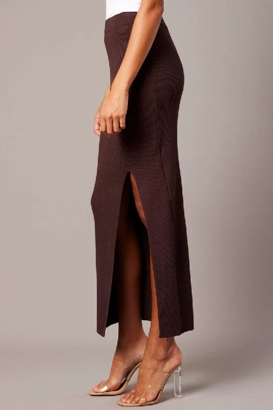 Brown Knit Skirt Front Split High Rise