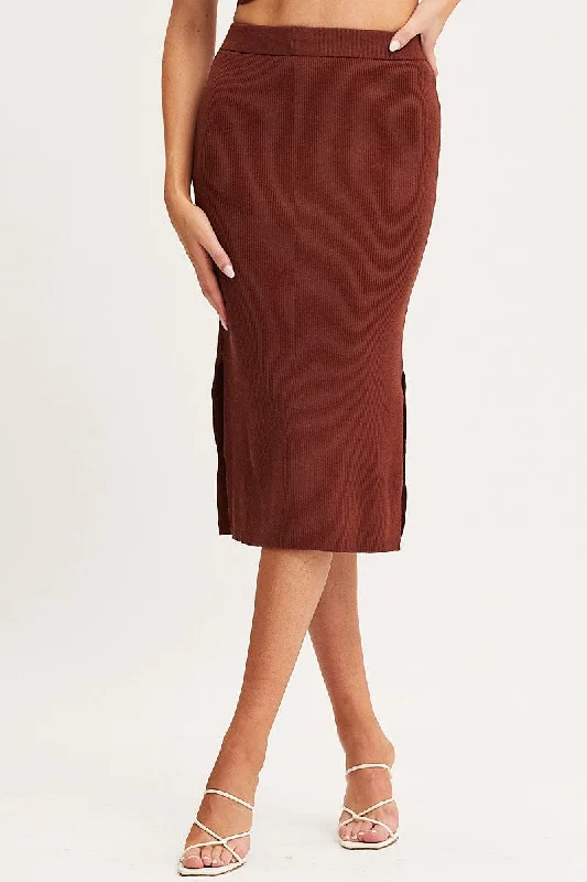 Brown Knit Skirt Midi Side Split