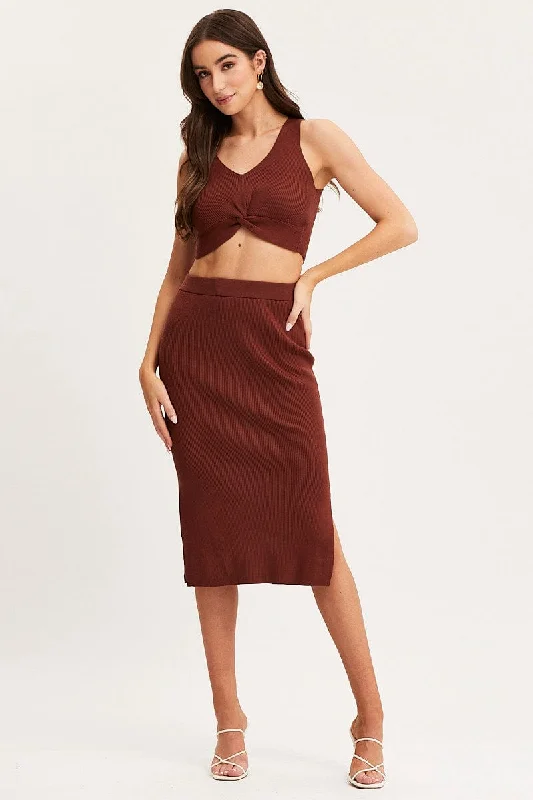 Brown Knit Skirt Midi Side Split