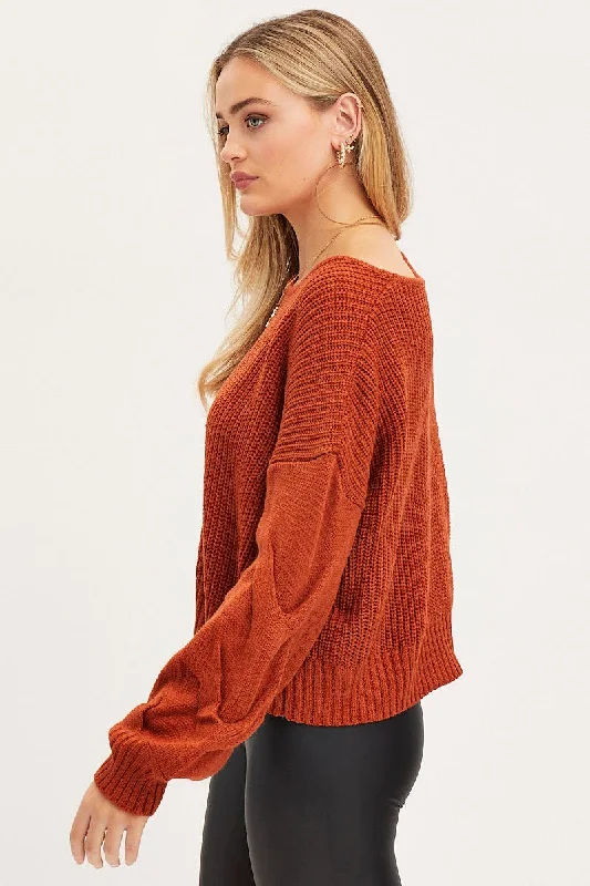 Brown Knit Top Long Sleeve Relaxed