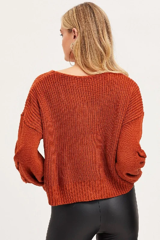 Brown Knit Top Long Sleeve Relaxed