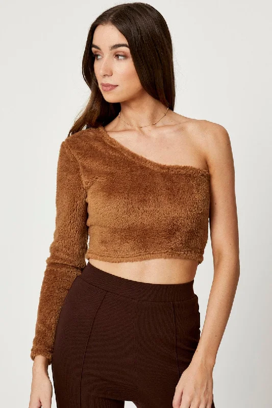 Brown One Shoulder Fluffy Knit Top