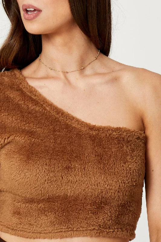 Brown One Shoulder Fluffy Knit Top