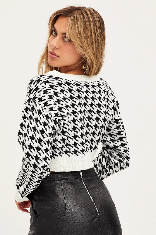 Check Knit Cardigan Long Sleeve Crop Relaxed