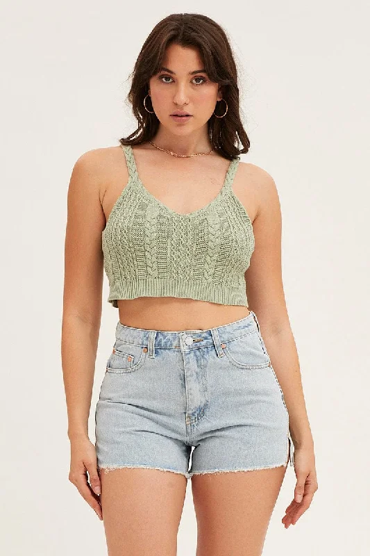 Green Cable Crop Knit Top