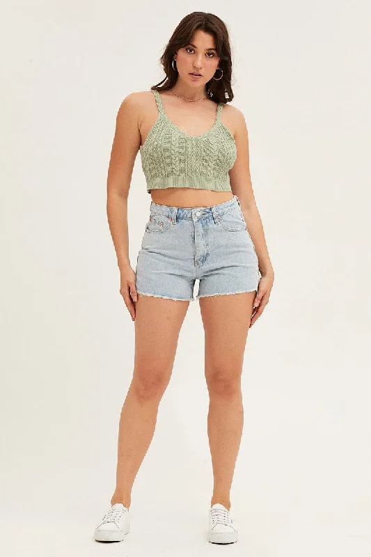 Green Cable Crop Knit Top