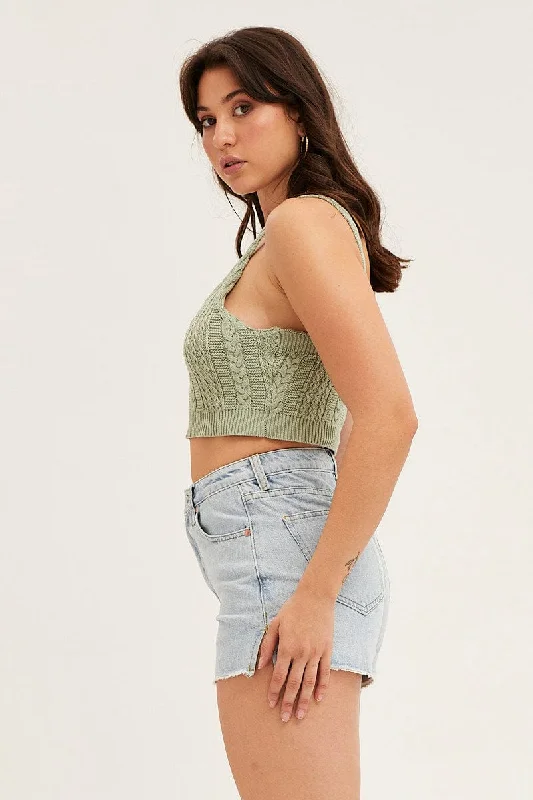 Green Cable Crop Knit Top