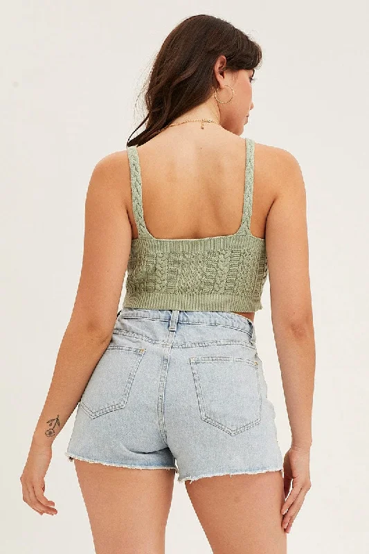 Green Cable Crop Knit Top