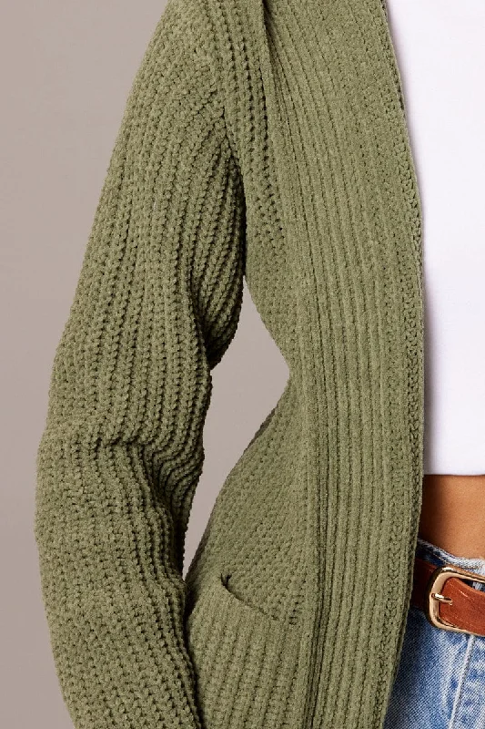 Green Knit Cardigan Hooded Longline Chenille