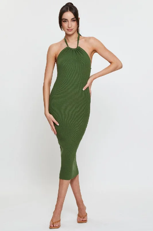 Green Knit Dress Midi Halter Neck