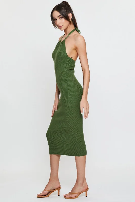 Green Knit Dress Midi Halter Neck