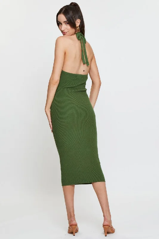 Green Knit Dress Midi Halter Neck