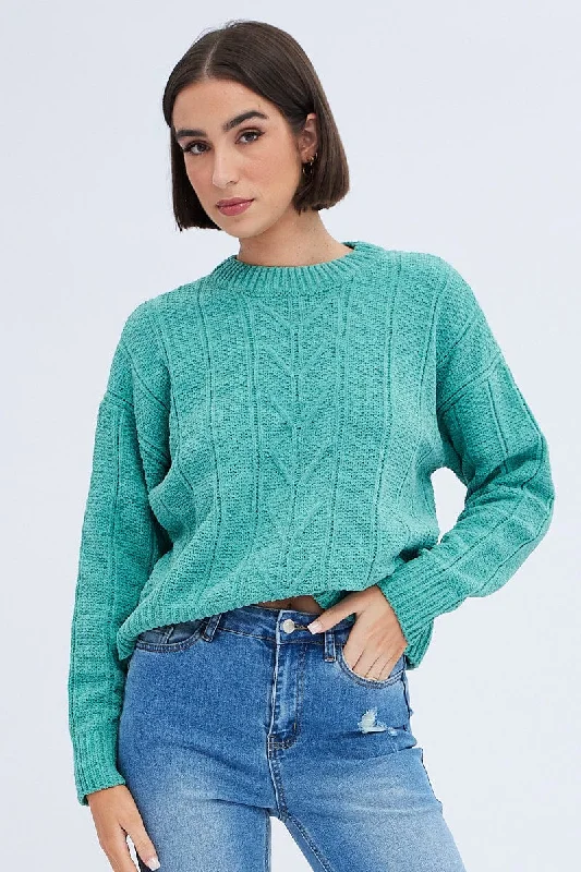 Green Knit Top Long Sleeve Crop