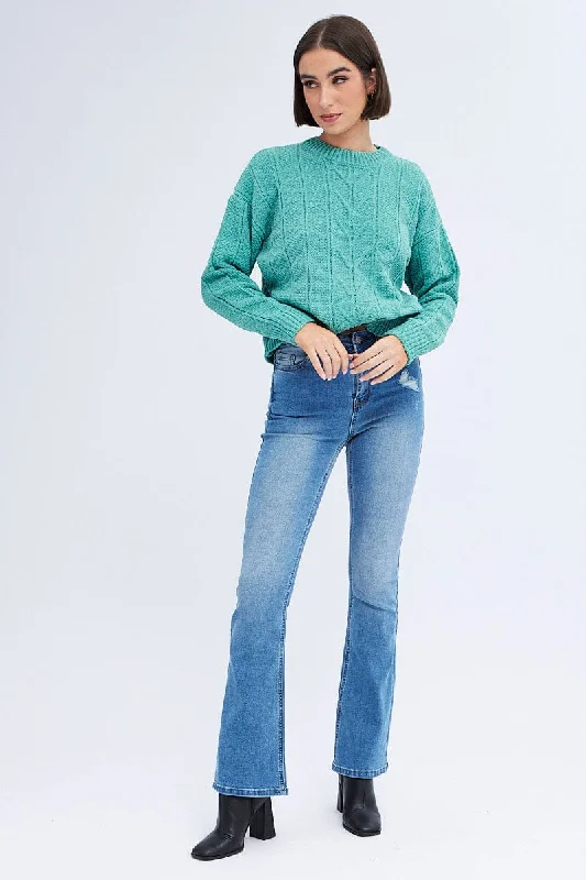 Green Knit Top Long Sleeve Crop