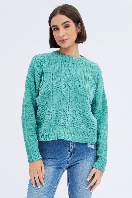 Green Knit Top Long Sleeve Crop