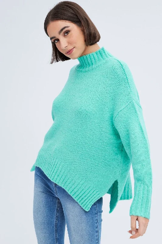 Green Knit Top Long Sleeve Oversized Turtleneck