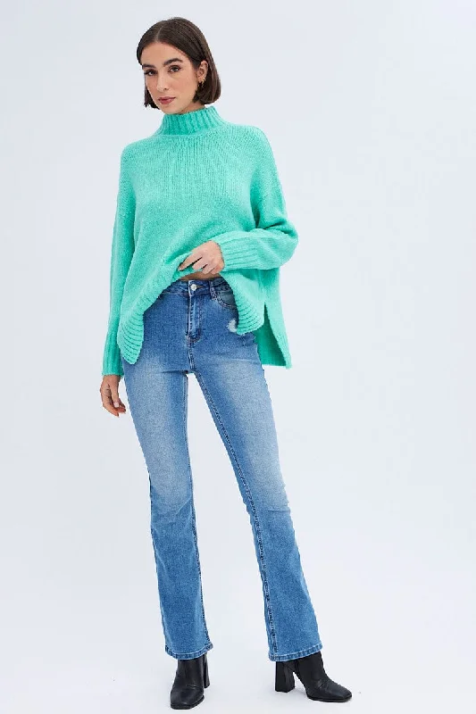 Green Knit Top Long Sleeve Oversized Turtleneck