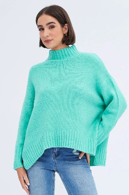 Green Knit Top Long Sleeve Oversized Turtleneck