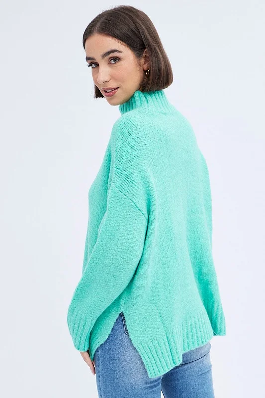 Green Knit Top Long Sleeve Oversized Turtleneck