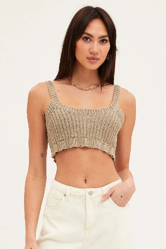 Green Knit Top Sleeveless Crop