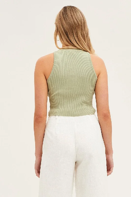 Green Knit Top Sleeveless Crop Round Neck