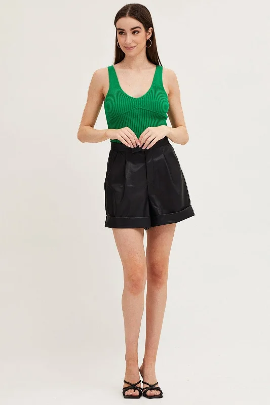 Green Knit Top Sleeveless Crop V-Neck