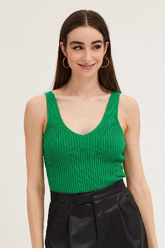 Green Knit Top Sleeveless Crop V-Neck