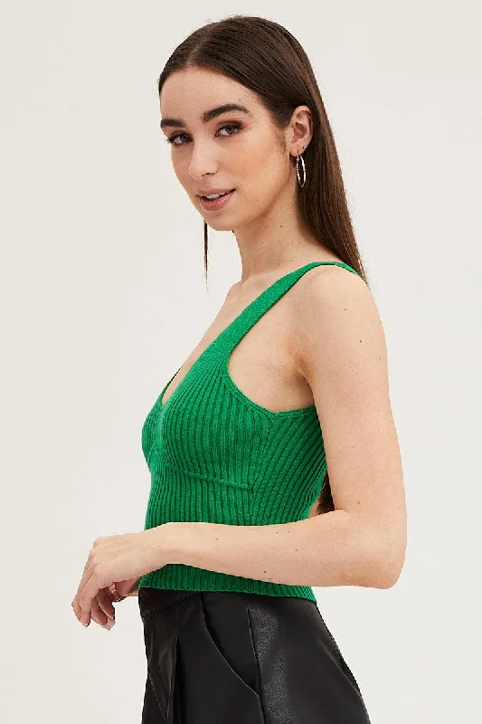 Green Knit Top Sleeveless Crop V-Neck