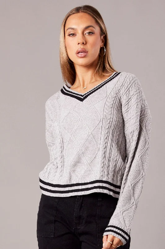 Grey Knit Top Long Sleeve V-Neck Cable