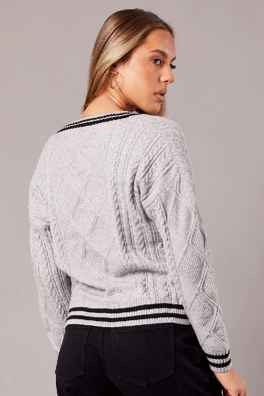 Grey Knit Top Long Sleeve V-Neck Cable