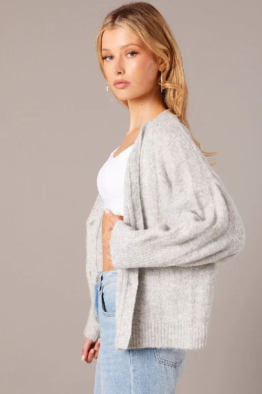 Grey Oversized Cardigan Long Sleeve V Neck