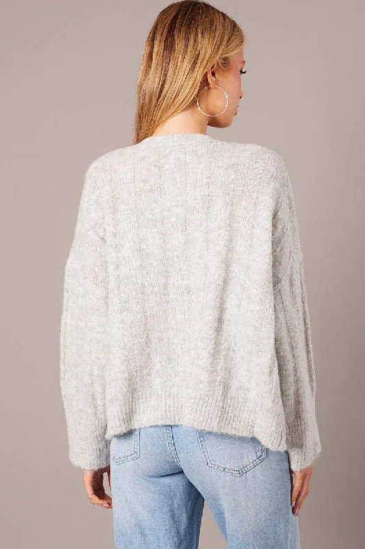 Grey Oversized Cardigan Long Sleeve V Neck