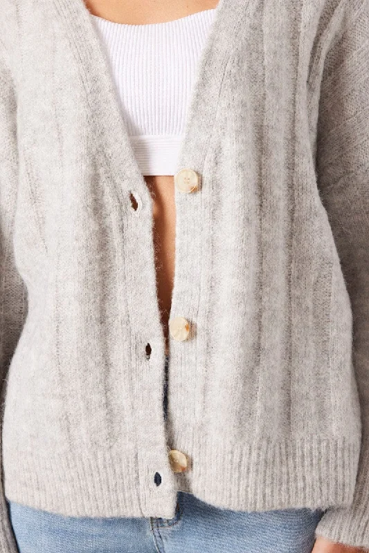 Grey Oversized Cardigan Long Sleeve V Neck