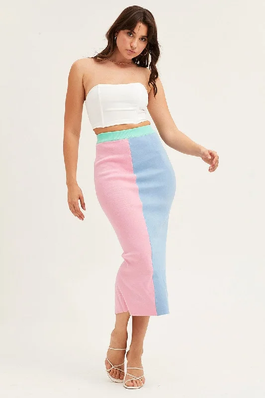 Multi Color Block Knit Midi Skirt