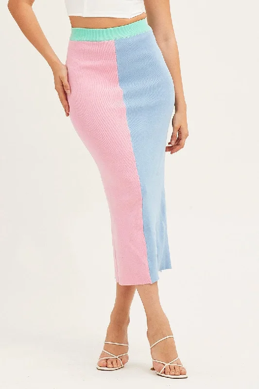 Multi Color Block Knit Midi Skirt